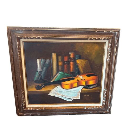 Original Art Oil Painting Still Life Violin & Books Signed Monticello* Framed